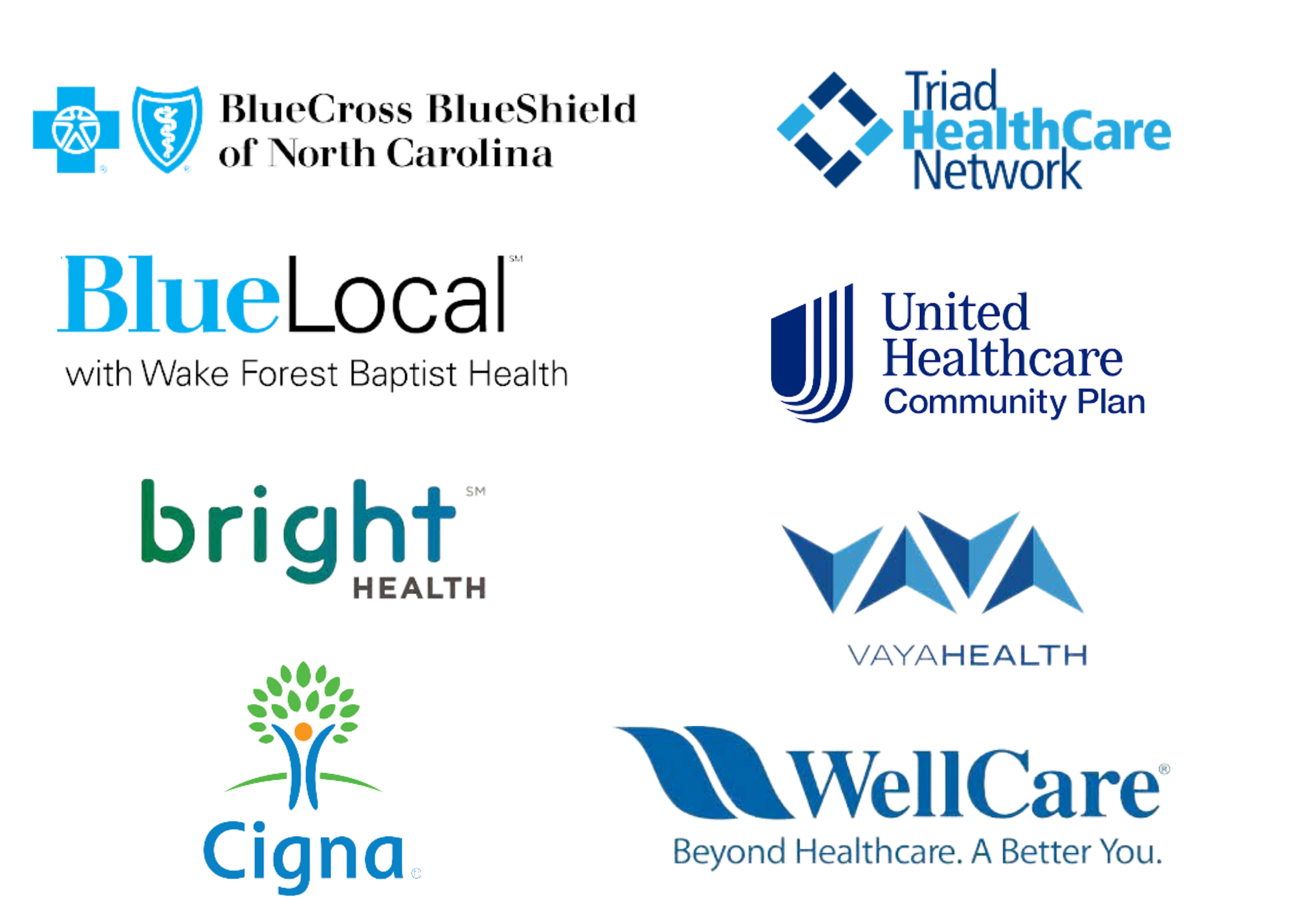 BlueCross BlueShield of North Carolina, Triad Healthcare Network, BlueLocal with Wake Forest Baptist Health, United Healthcare, Cigna and other insurance logos