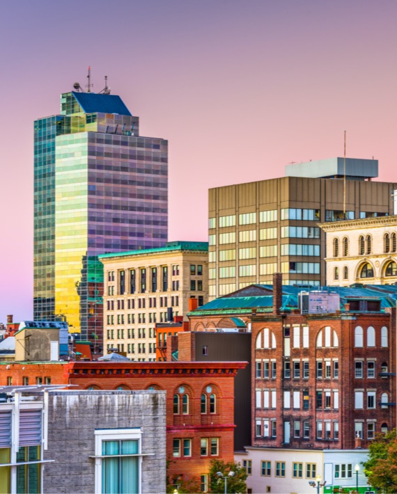 Evening view of Worcester, MA skyline
