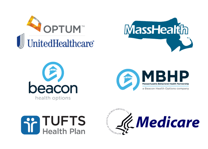 Optum, United Healthcare, MassHealth, Beacon, MBHP, Tufts and Medicare logos