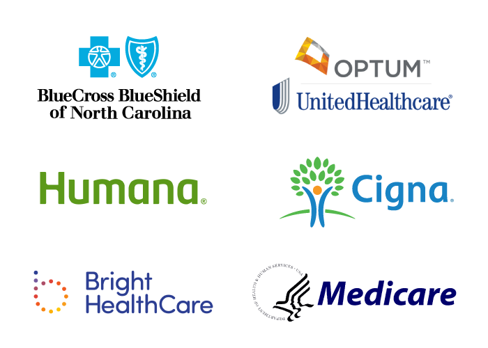 Blue Cross Blue Shield, Optum, United Healthcare, Humana, Cigna, Bright Health and Medicare logos