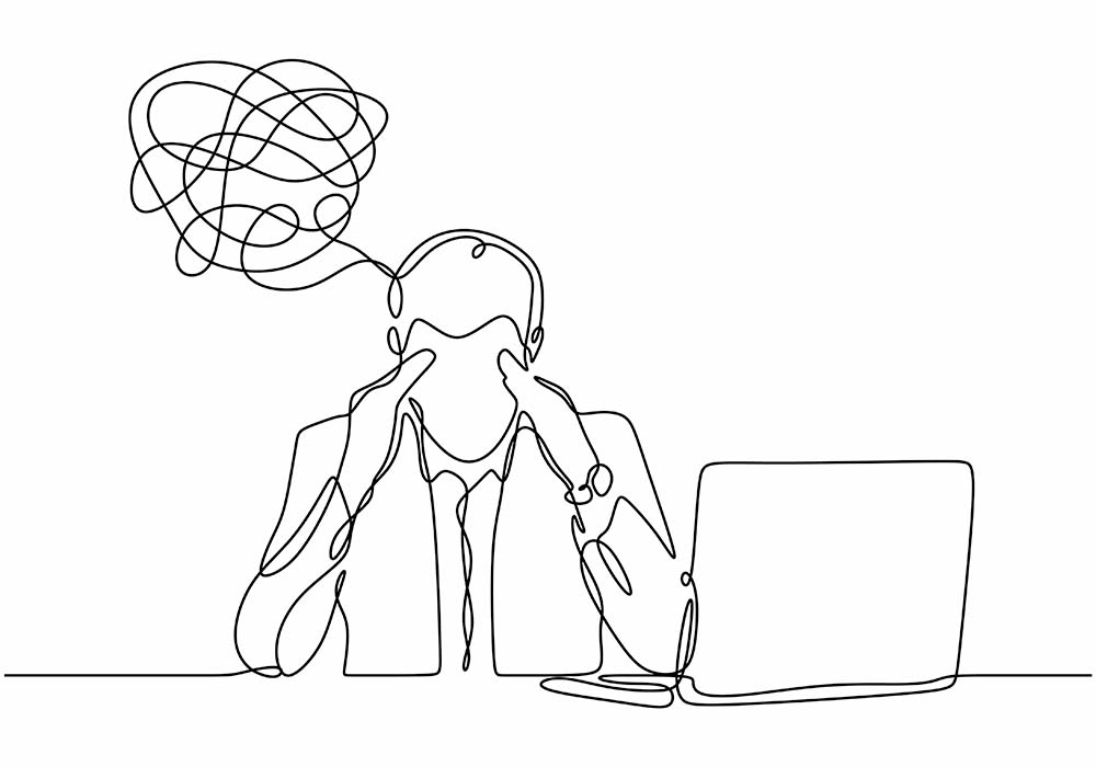 A line drawing of a person being stressed in front of a laptop