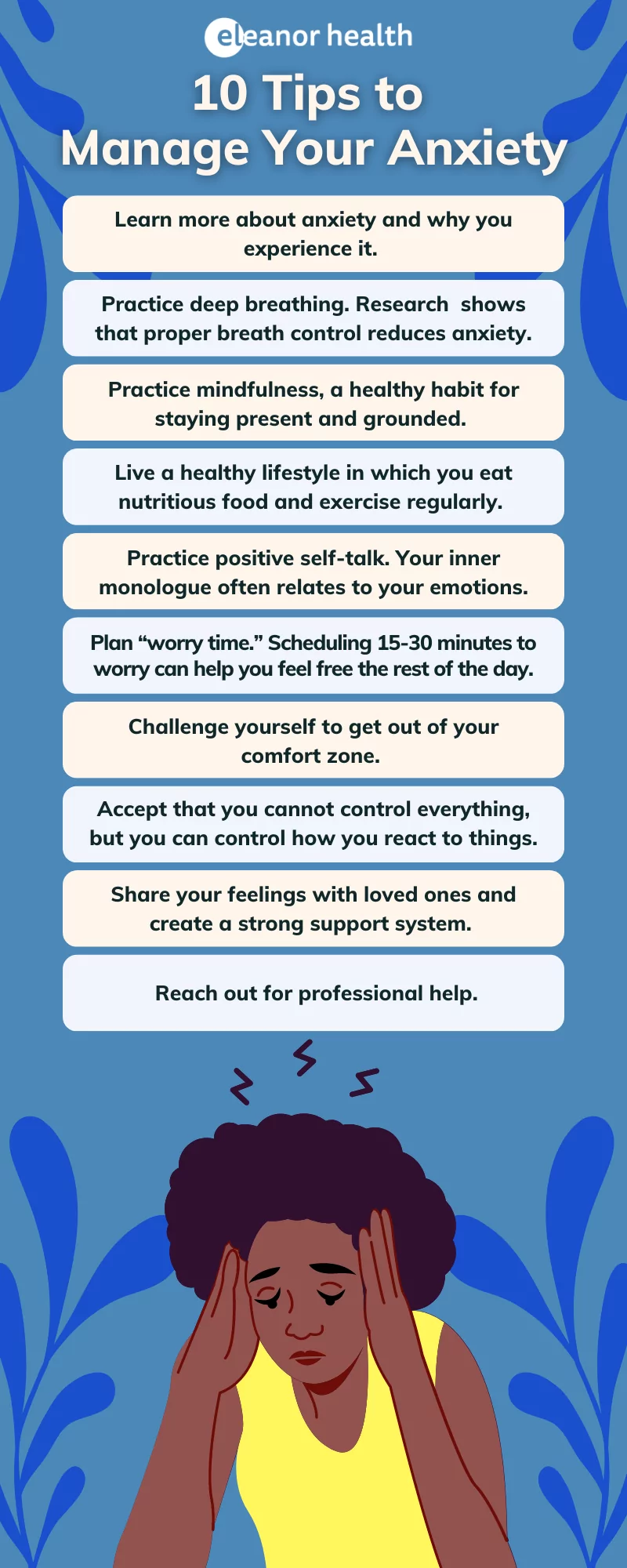 A list of the ten tips to manage anxiety