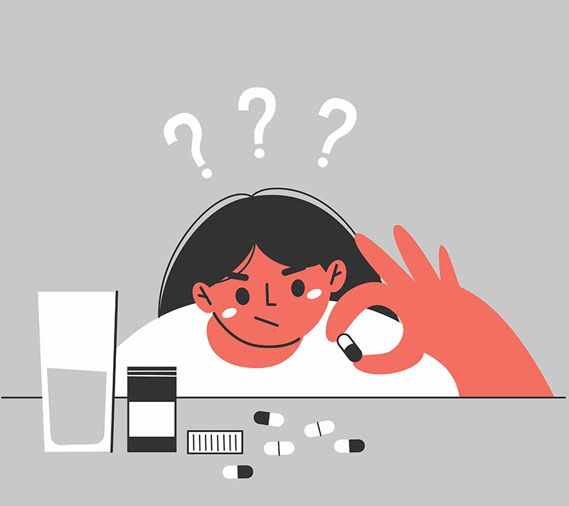 An illustration of a person examining a pill with question marks above their head