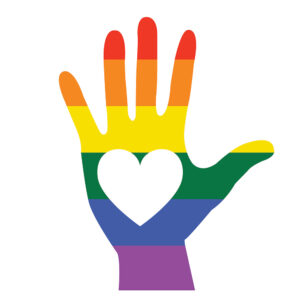 A rainbow hand with a white heart in the middle of the palm