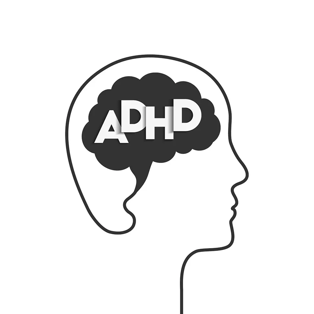 Illustration of the outline of a head with a brain and the letters ADHD