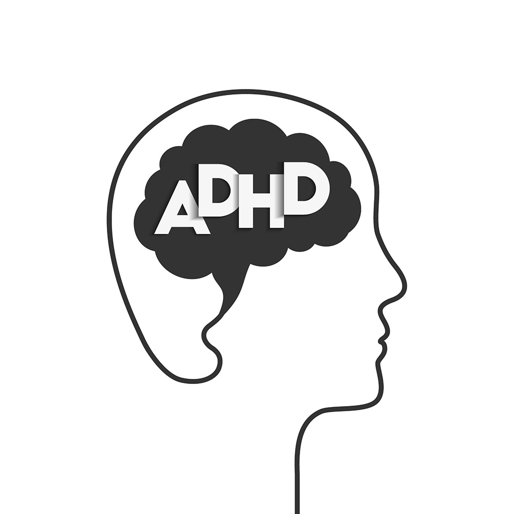 Illustration of the outline of a head with a brain and the letters ADHD