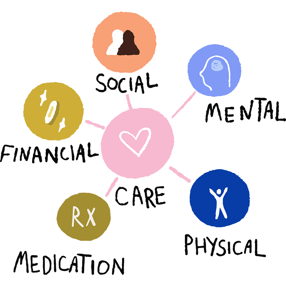 A graphic representing the aspects of whole person care; mental, physical, financial, social, and medical