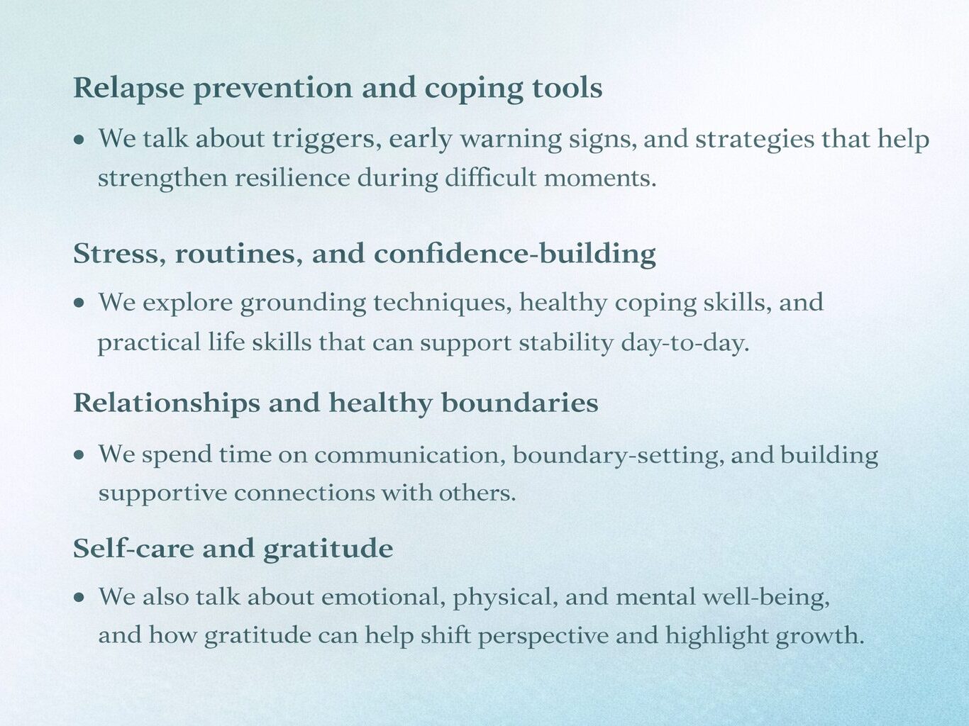 A list of topics covered in peer support groups which includes relapse prevention, coping tools as well as resilience strategies. 