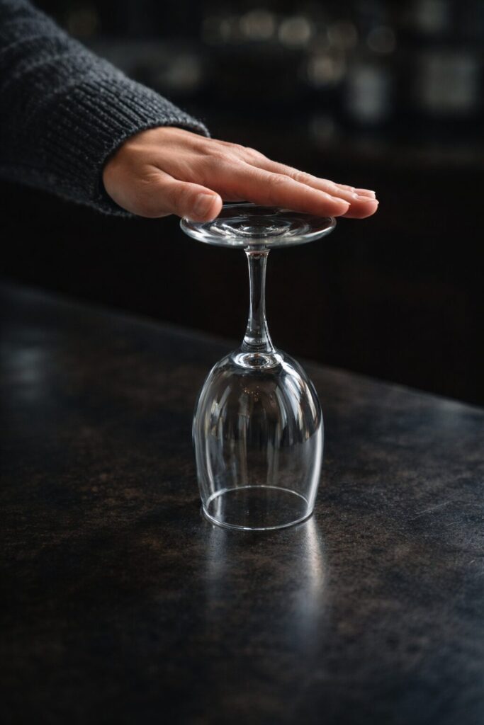 An upside-down wine glass on a table with a person's hand over the bottom of the stem indicating they do not want to drink. 