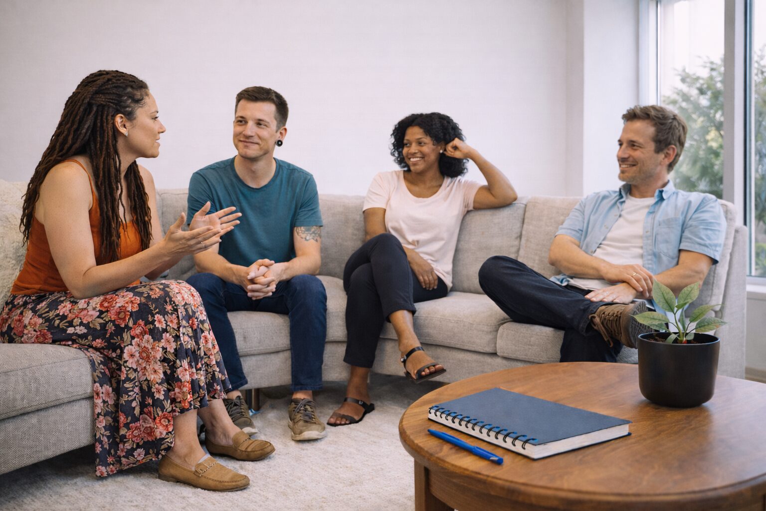 Four people gathering on a cozy couch to meet for peer support.