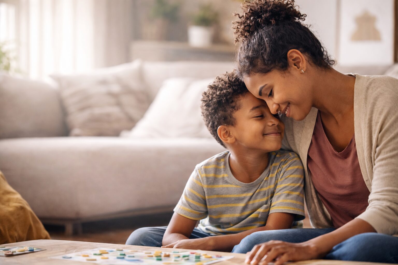 A parent and their child sitting on the floor playing a board game, sharing a tender hug in support of Parent Mental Health Day.