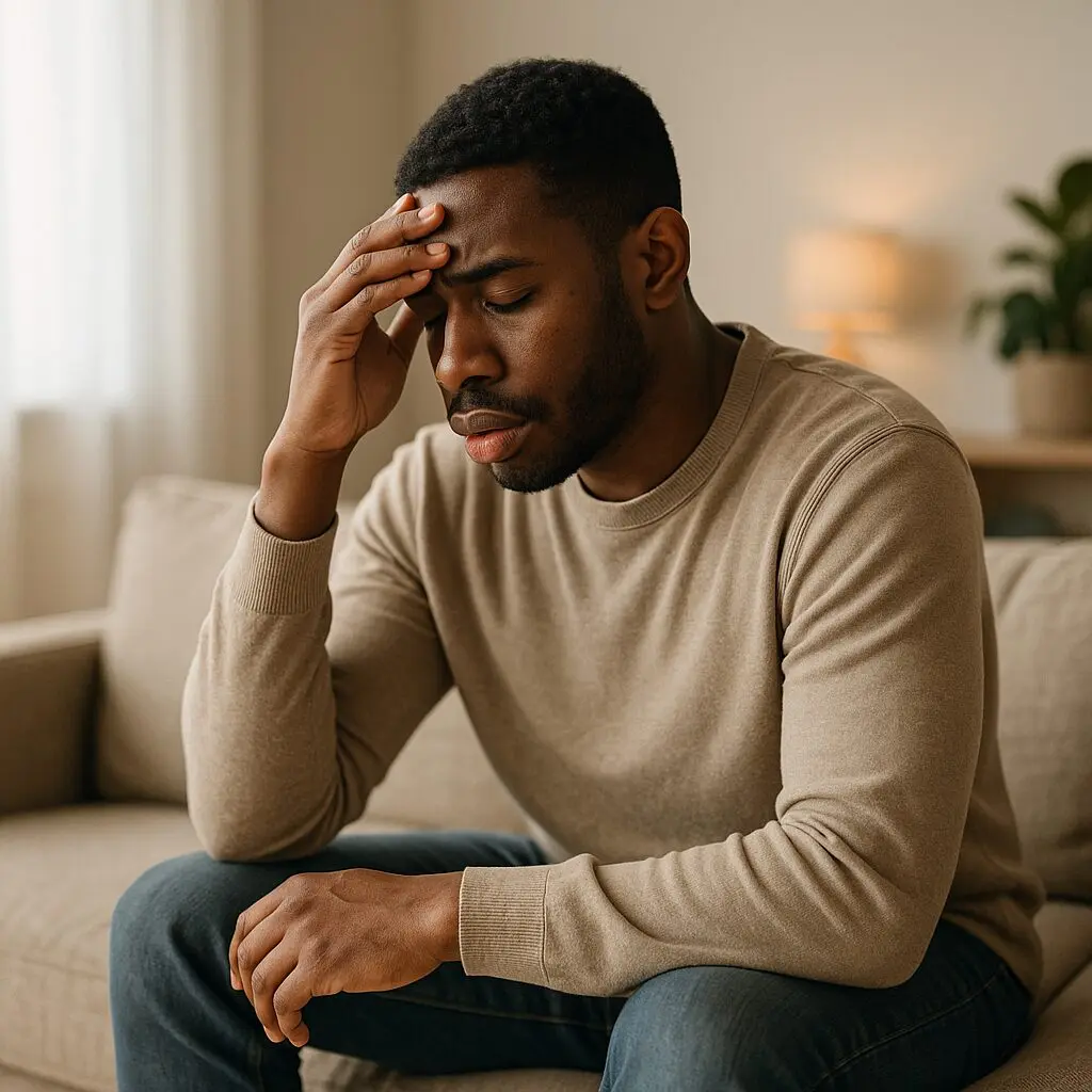A person sitting on a couch, leaning forward with one hand on their forehead and eyes closed indicating stress.
