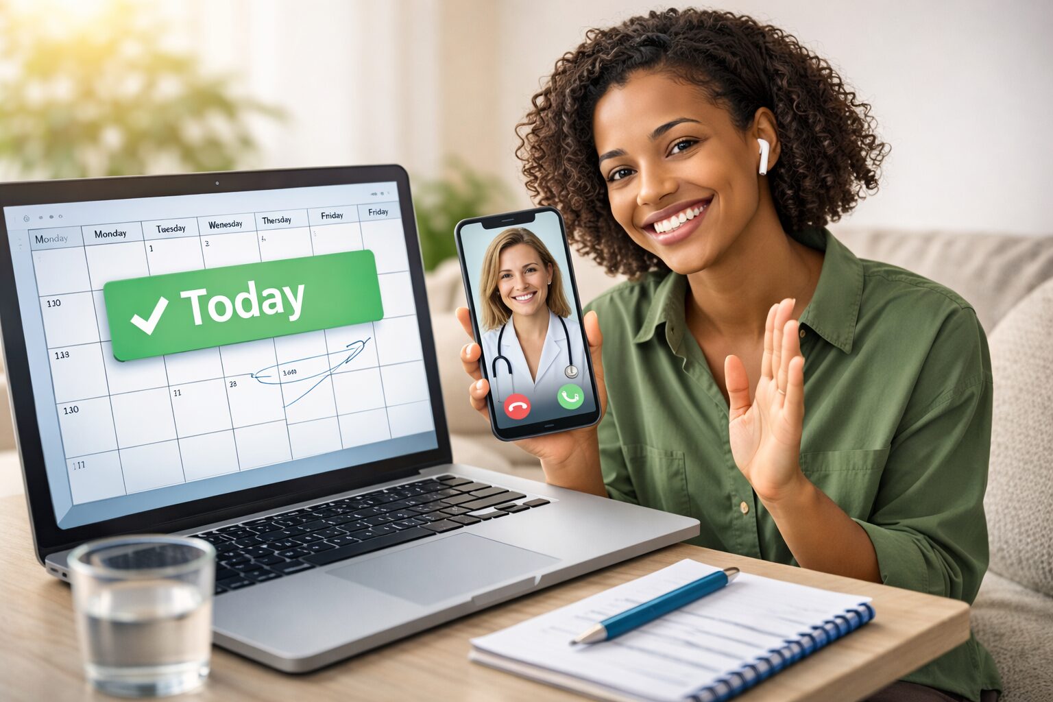 Virtual addiction treatment appointment taking place at home, with a patient connecting to a female medical provider through a smartphone video call.
