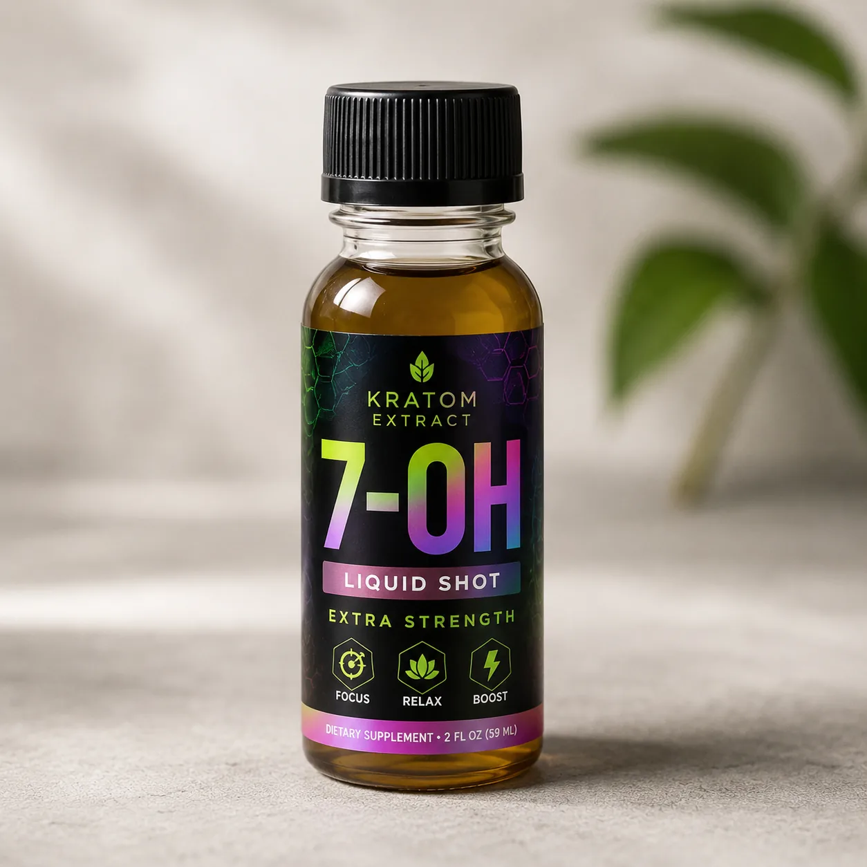 Amber bottle of Kratom Extract 7-OH Liquid Shot with a black cap on a neutral background.