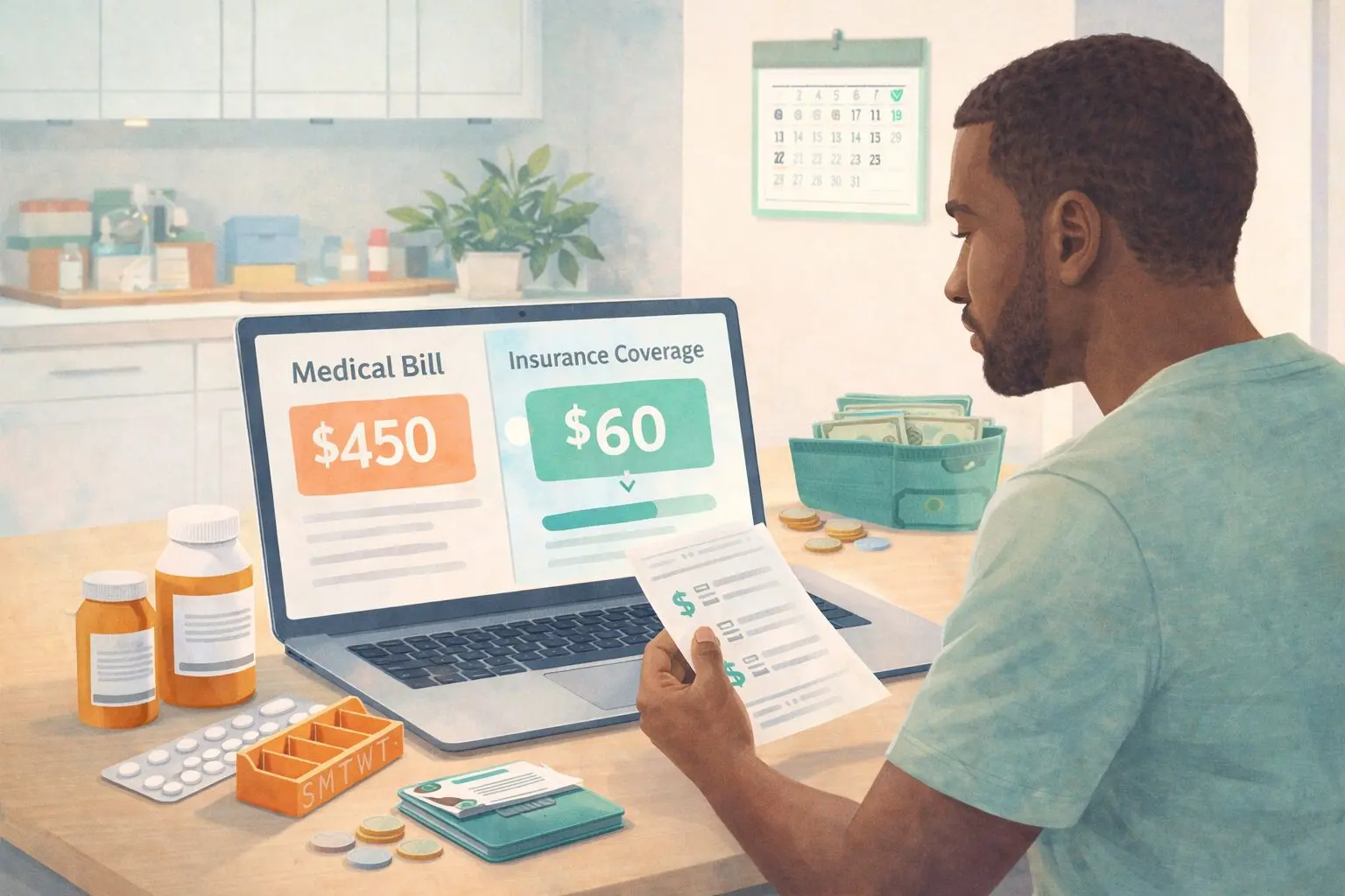 An illustrated scene of a man sitting at a kitchen table reviewing a medical bill on his laptop, comparing a higher cost to a lower insurance-covered amount, with generic medication bottles, a pill organizer, and a wallet nearby.