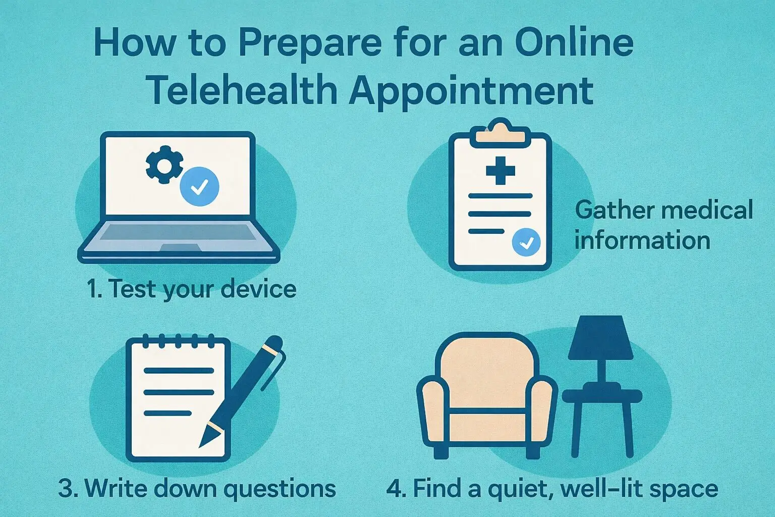 Infographic showing how to prepare for an online telehealth appointment, including testing your device, gathering medical information, writing questions, and finding a quiet space