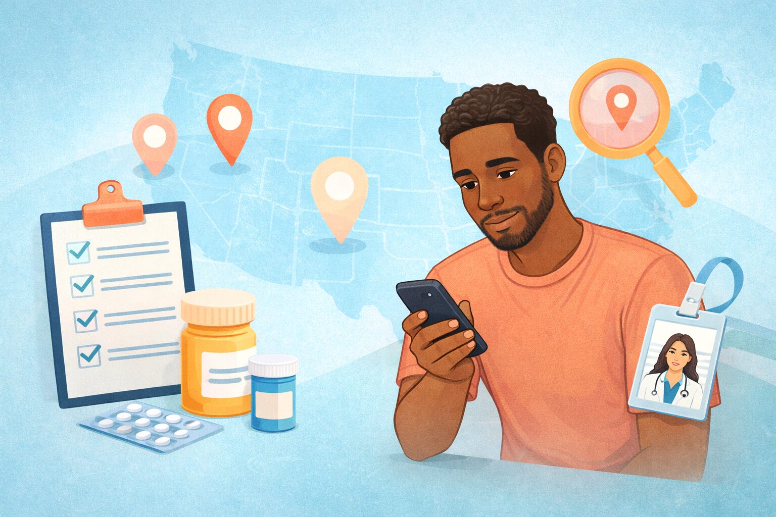Illustration of a man using his smartphone to search for a healthcare provider, with a U.S. map, location pins, a checklist, medication bottles, and a doctor ID badge representing finding and evaluating buprenorphine treatment options.