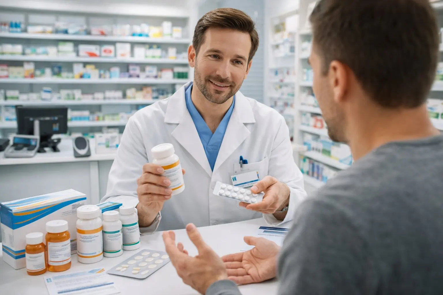 A pharmacist in a white coat speaks with a customer at a pharmacy counter, holding a prescription bottle and blister pack while explaining medication, with shelves of generic medications in the background.