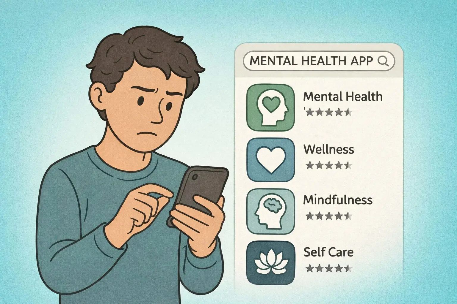 Mental-Health-app - Eleanor Health Illustration of a person comparing the best mental health apps for mindfulness, wellness, and self-care on a smartphone