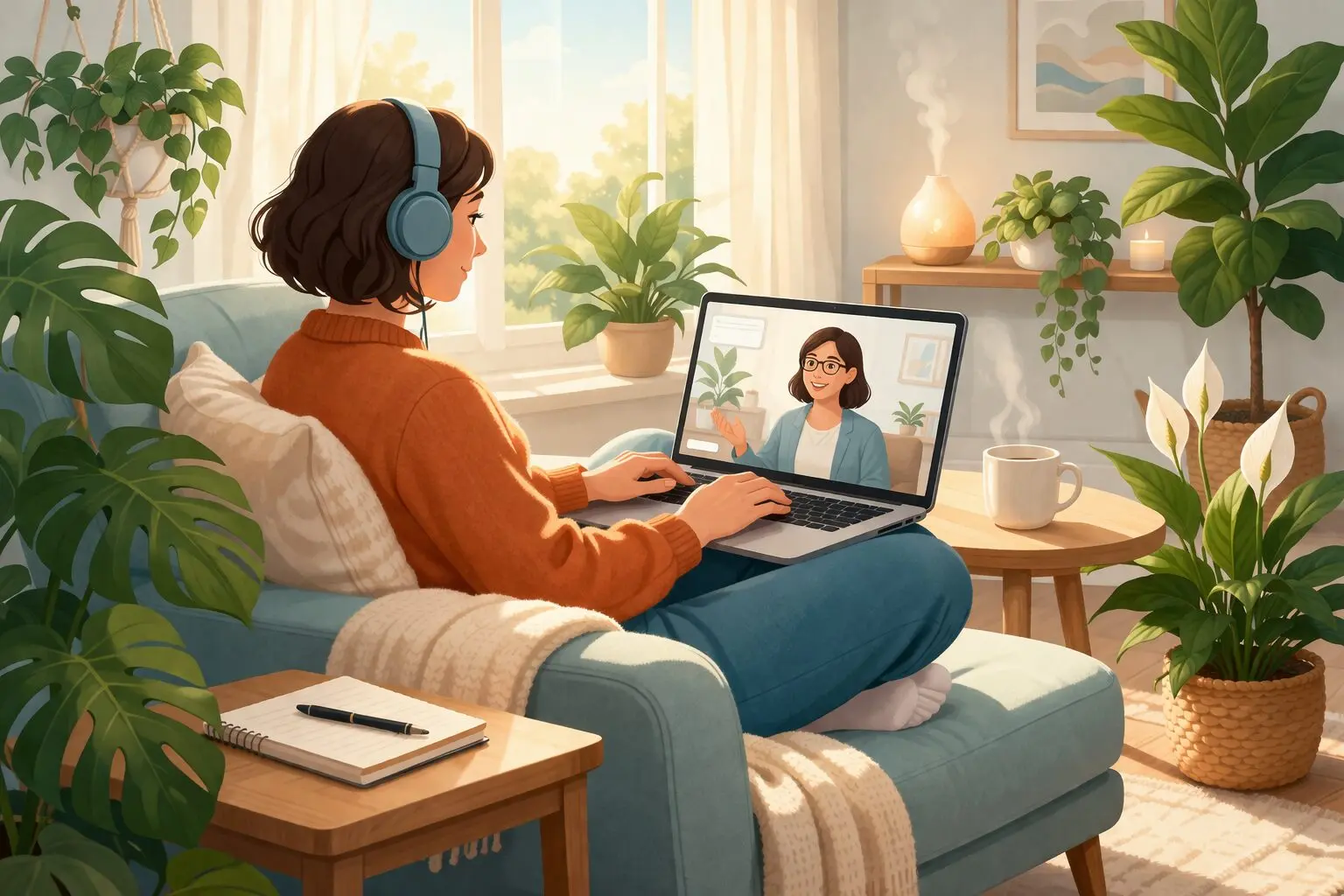 Illustration of a person sitting at home using a laptop for virtual therapy, with calming colors and a supportive, reflective mood representing reducing alcohol use through online care.