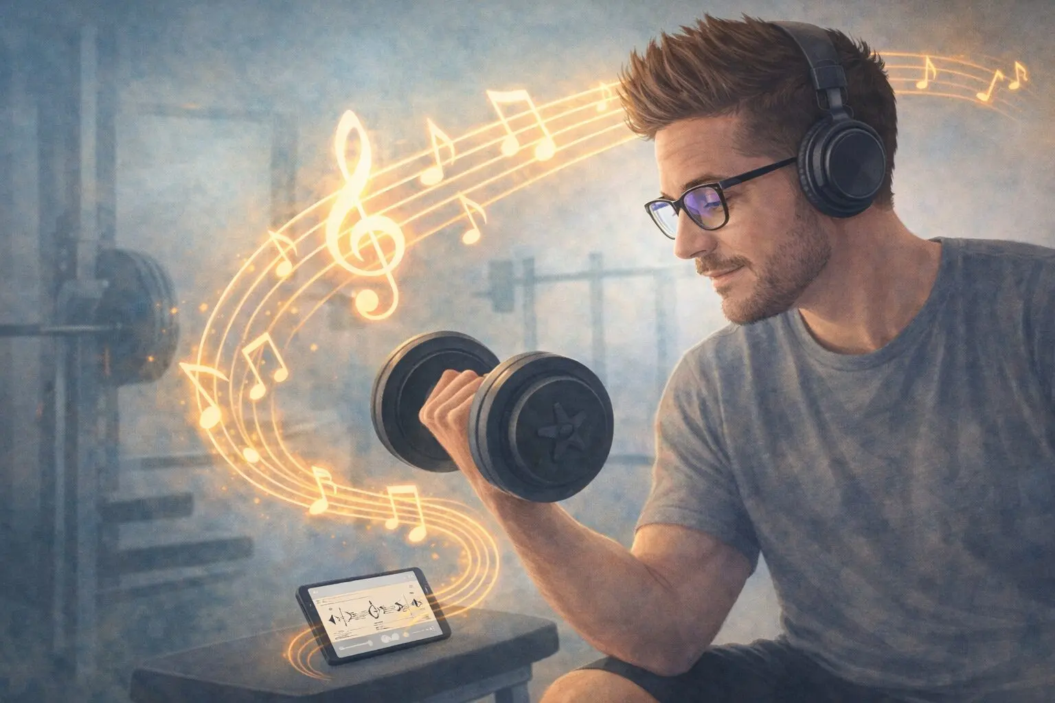 An illustrated scene of a man wearing glasses and headphones lifting a dumbbell in a gym, with glowing musical notes swirling around him to represent the connection between music, strength, and recovery.