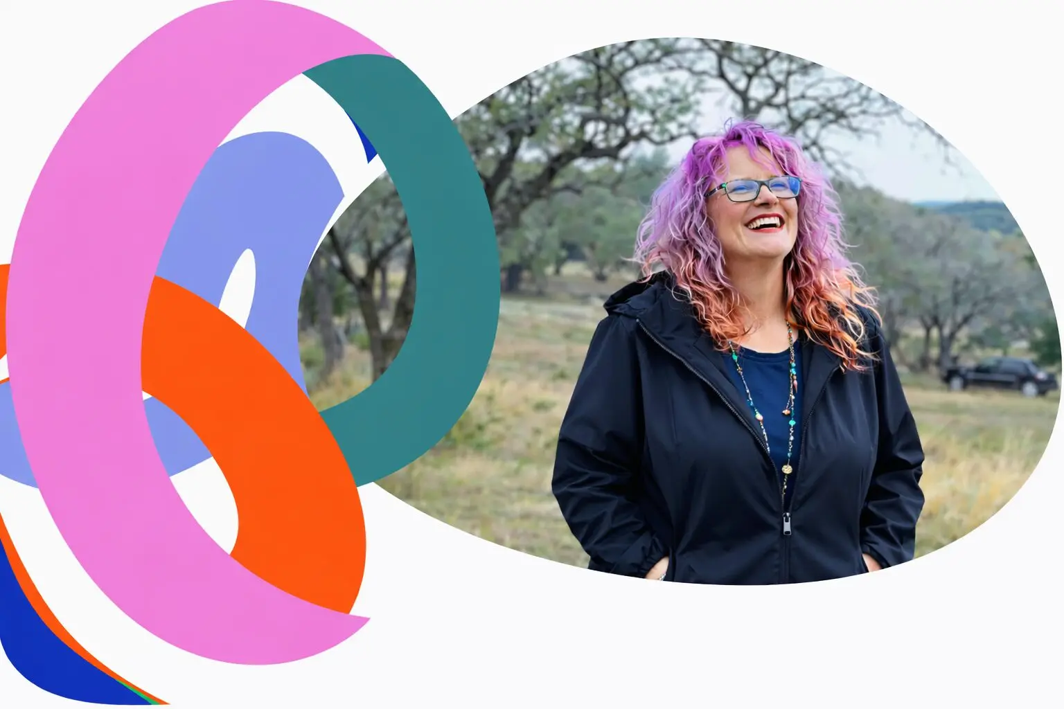 Smiling woman and colorful abstract loops