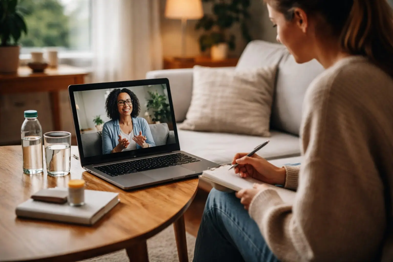 Person sitting at home on a couch during a virtual therapy session on a laptop, with a notebook and water nearby in a calm, private setting.