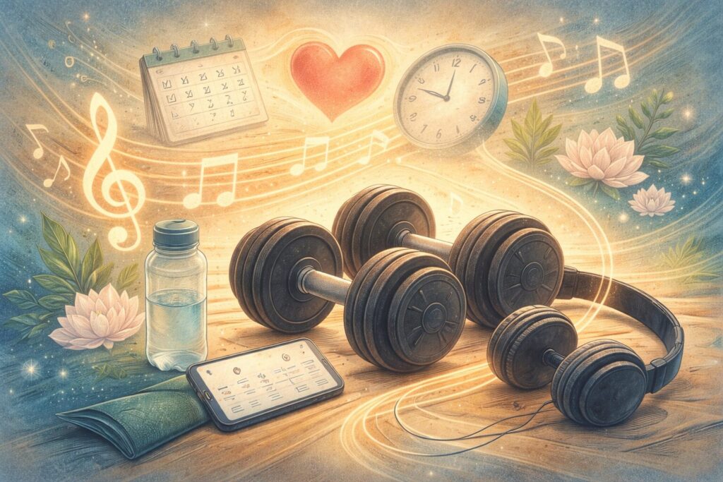 An abstract illustration of dumbbells, headphones, and a smartphone surrounded by flowing musical notes, with symbols like a heart, calendar, and clock representing mental health, routine, and personal growth.