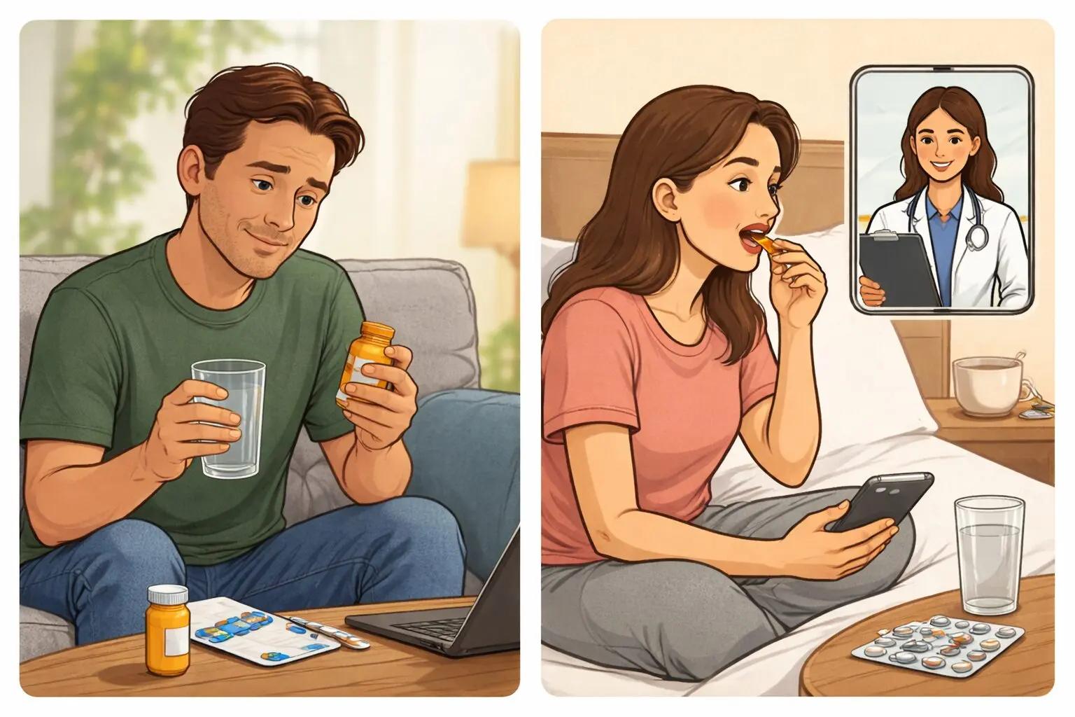 Person at home holding medication and a glass of water while preparing to start Suboxone treatment