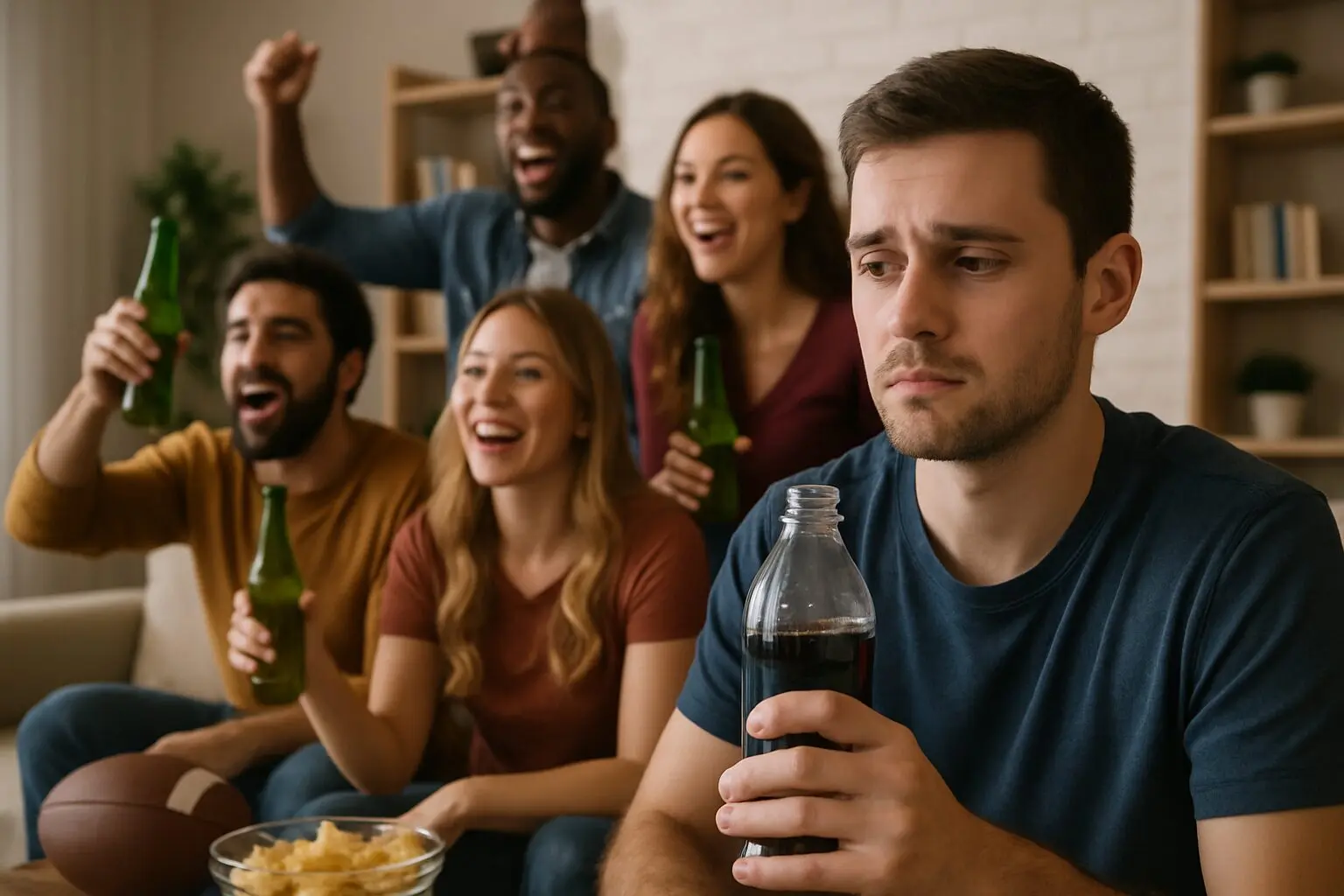 A group of friends gather in a living room watching football and drinking beer, while one man in the foreground holds a soda and looks uneasy and withdrawn, highlighting a moment of internal struggle around alcohol.