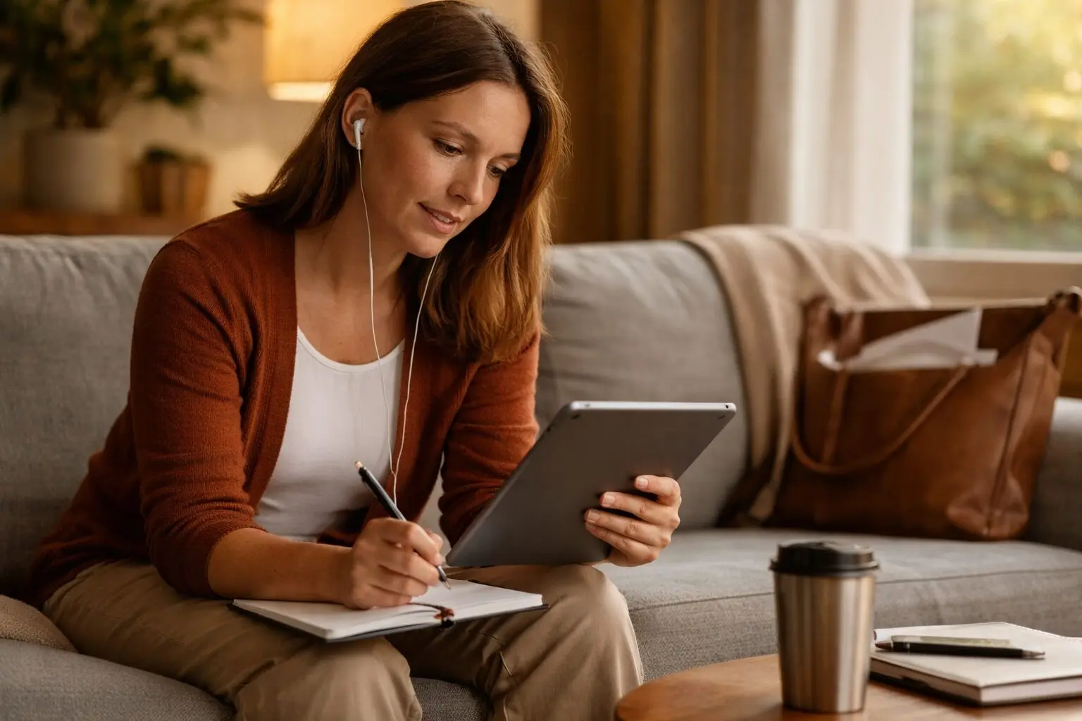 Woman using a tablet for virtual outpatient rehab session while balancing daily responsibilities at home