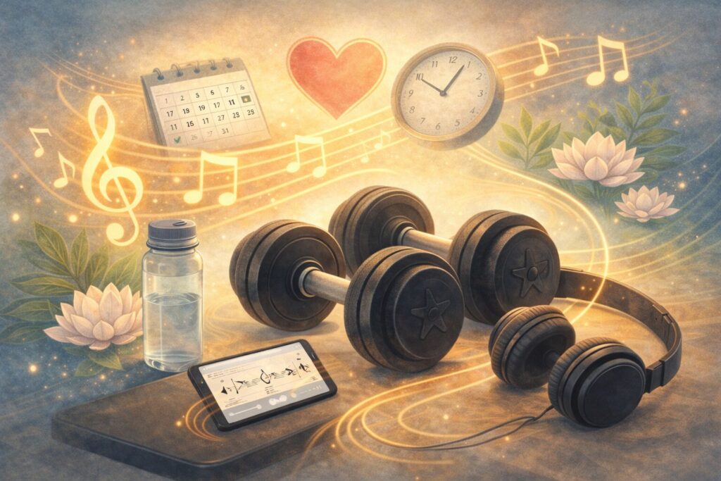Rhythm and recovery - Eleanor Health An abstract illustration of dumbbells, headphones, and a smartphone surrounded by flowing musical notes, with symbols like a heart, calendar, and clock representing mental health, routine, and personal growth.