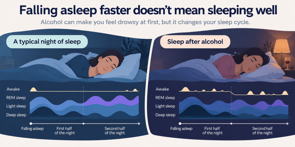 alcohol-and-sleep-effects - Eleanor Health Side-by-side sleep stage charts comparing a typical night with sleep after alcohol, which shows more awake periods and more broken sleep in the second half of the night